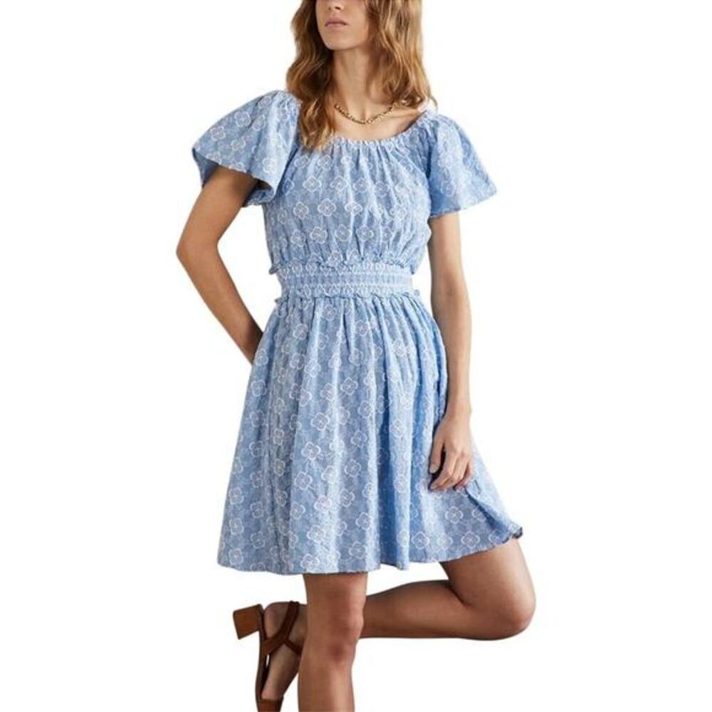 Boden Blue Scoop‎ Neck Embroidered Short Sleeve 100% Cotton Dress UK 14R US 10R